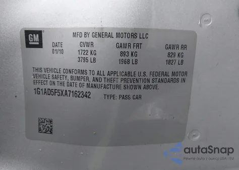 2010 Chevrolet Cobalt Lt from USA, damaged, VIN 1G1AD5F5XA7162342